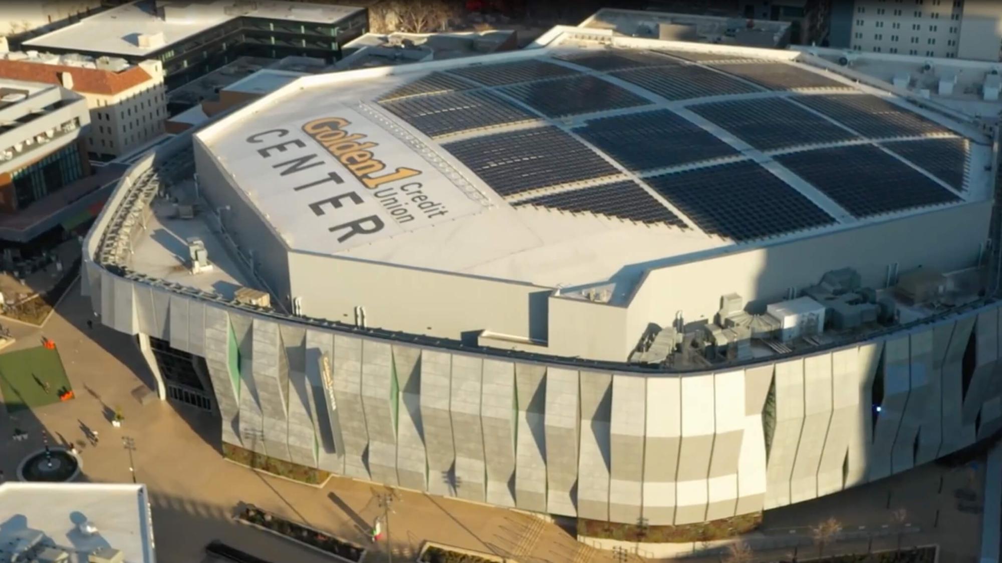 Aerial view of Golden One Center in Sacramento the venue for commencement ceremonies