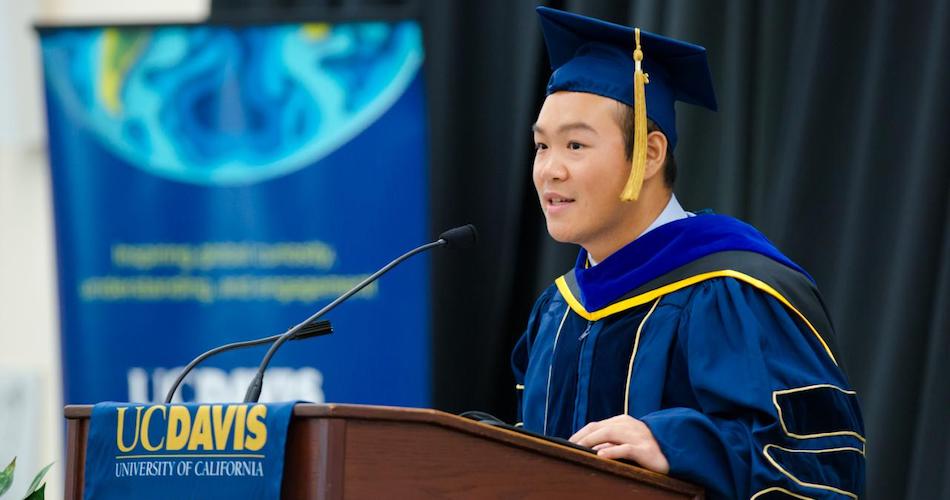 Zidong Li Ph.D. ’18 speaking at International Graduation Celebration in June 2018. TJ Ushing/UC Davis