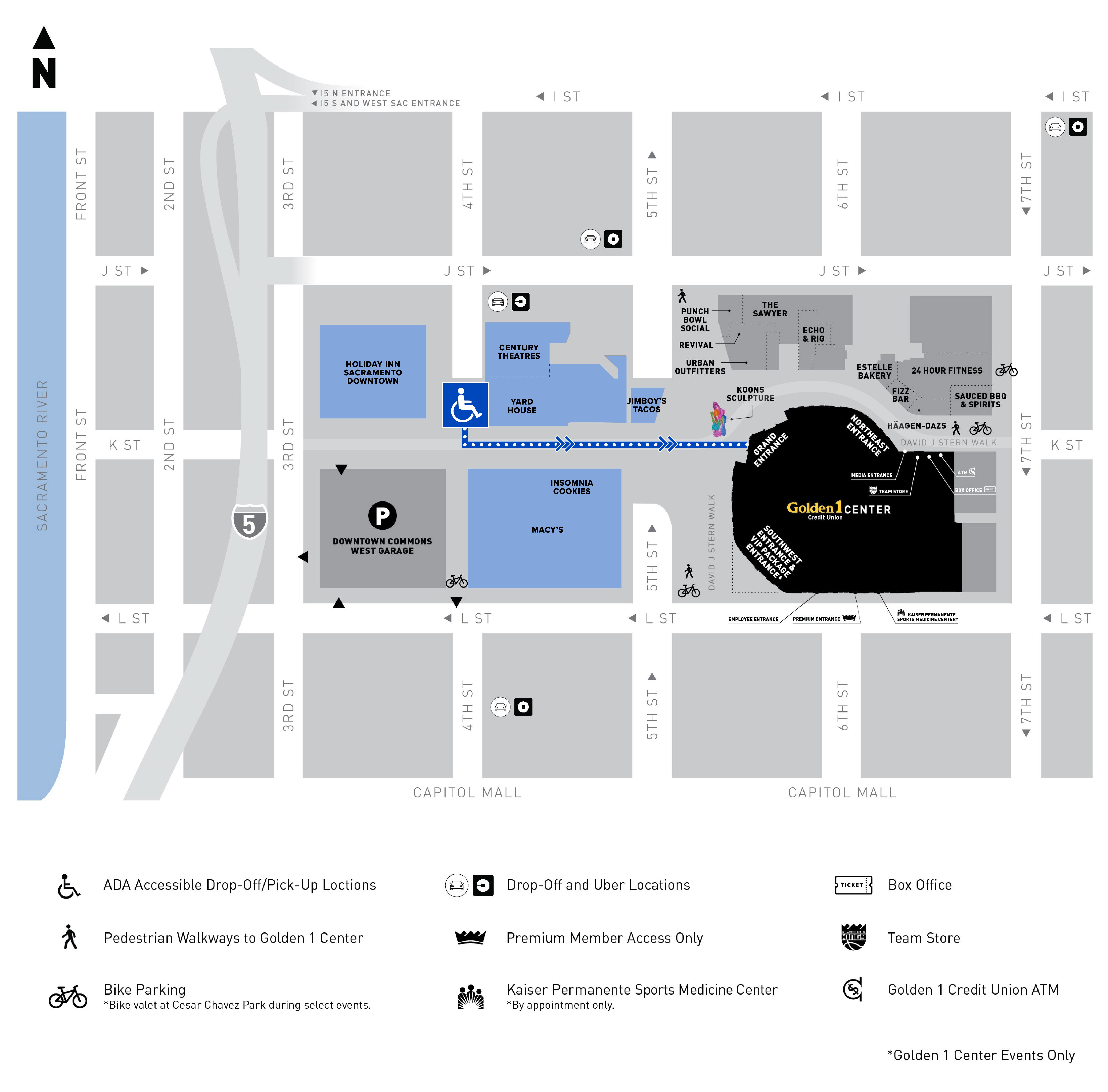 A map showing the location of the Golden 1 Center. a blue handicap symbol is on the intersection of 4th and J street, indicating the accessibility drop off point. A dotted blue line shows the route from the acceesable drop off point and the front entrance of the Golden 1 Center.  