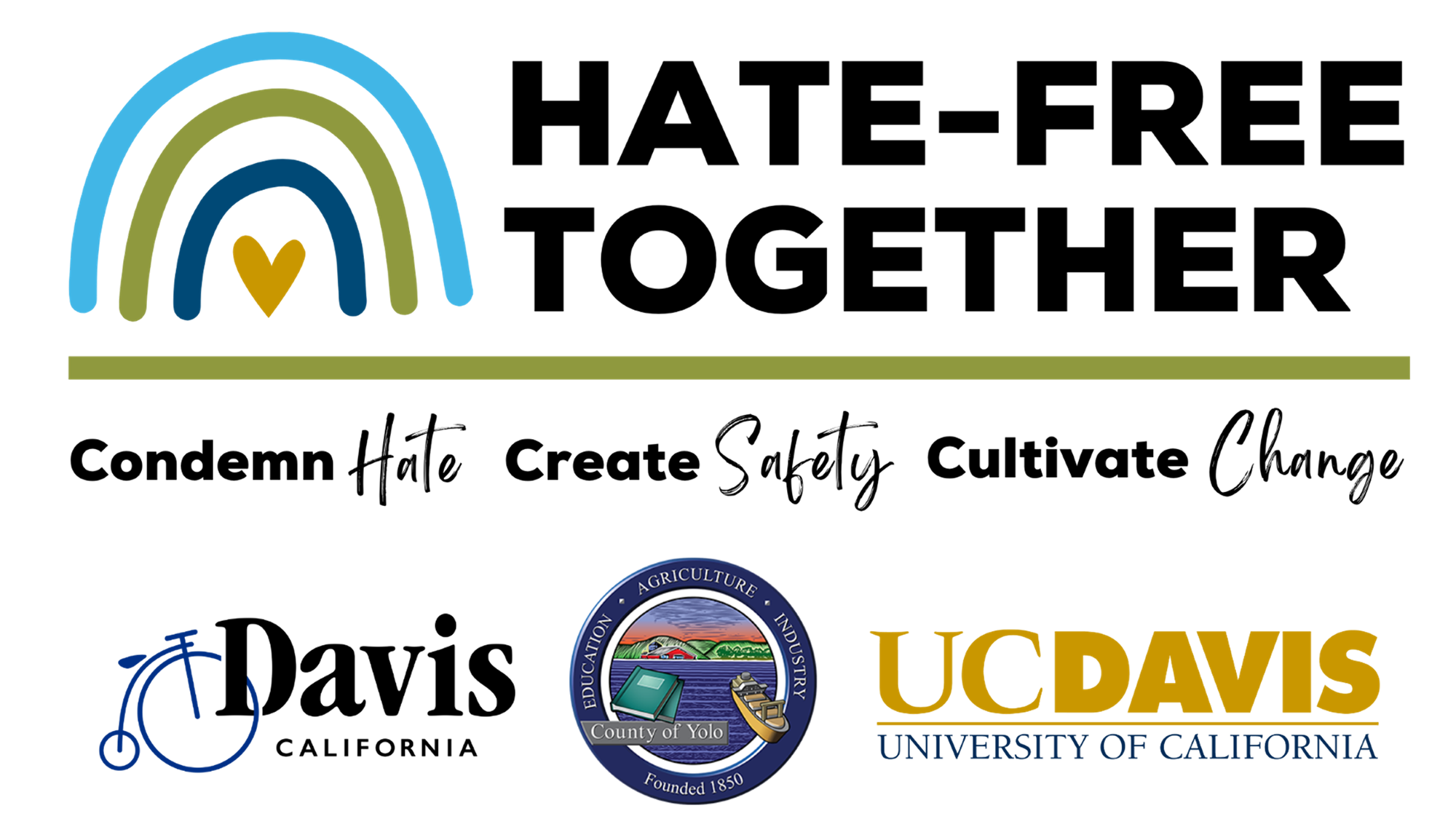 Hate-Free Together logo with logos for city of Davis, Yolo County and UC Davis