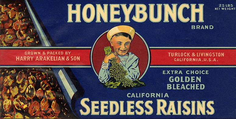 A label promoting honeybunch raisins