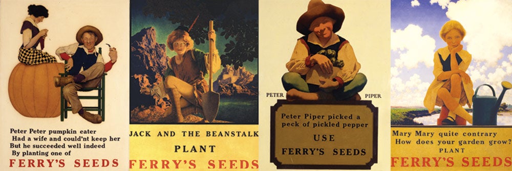 Four illustrations of children with vegetables