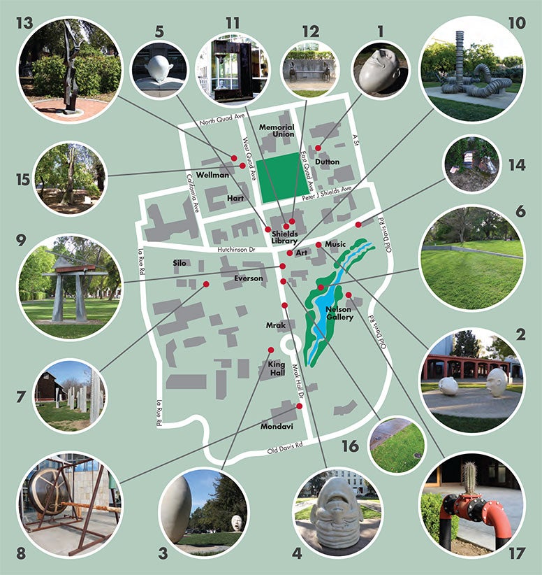 Map of the UC Davis campus with pieces of art around the perimeter and numbers