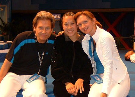 Movie star Jeff Bridges (left), Aggie athlete Tiffany Chan (center) and Svetlana Efremova 