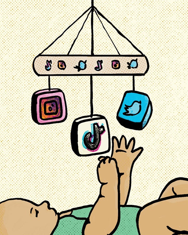 pen and ink illustration of a baby playing with a mobile featuring logos from social media companies