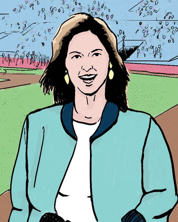 pen and ink illustration of a woman standing on a baseball field holding a microphone