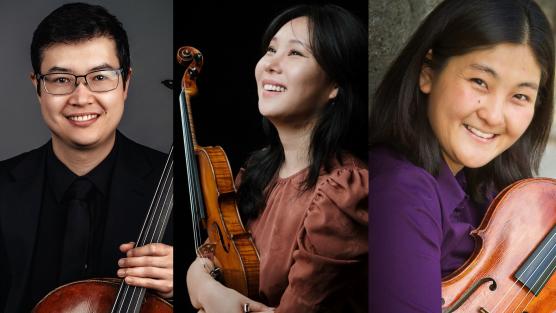 Portraits of three artists in the string quartet.