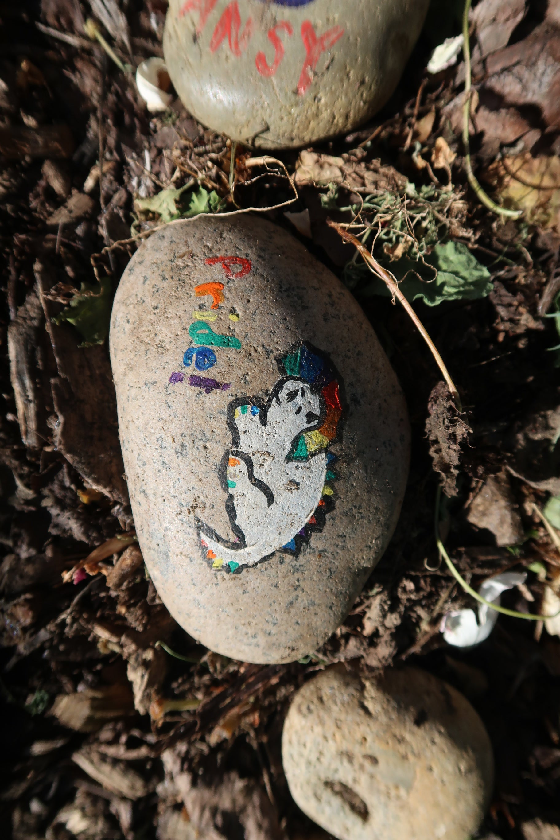 Rock painted with a unicorn and the word "Pride"