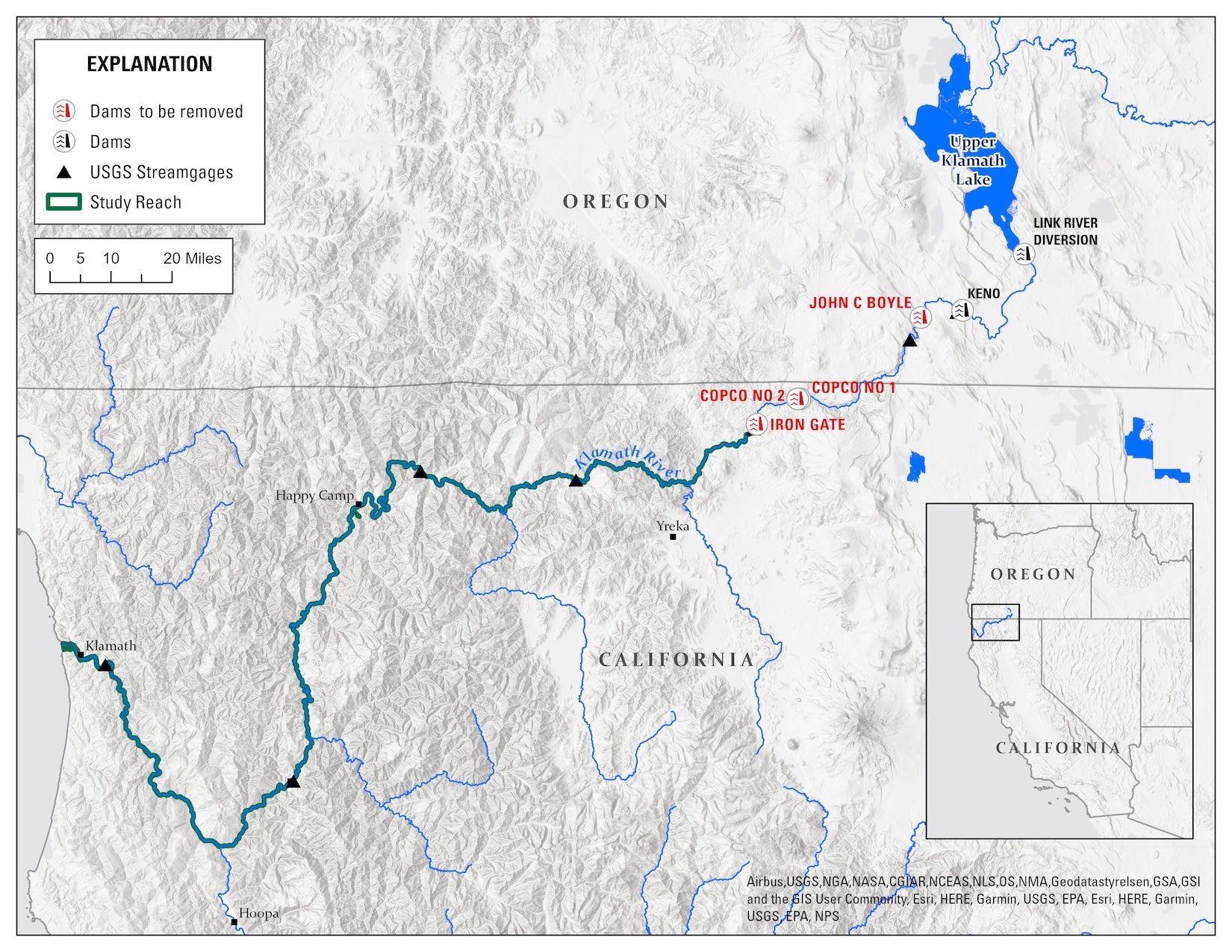 Map of northern Californa and southern Oregon pinpointing dams being removed on the Klamath River.  
