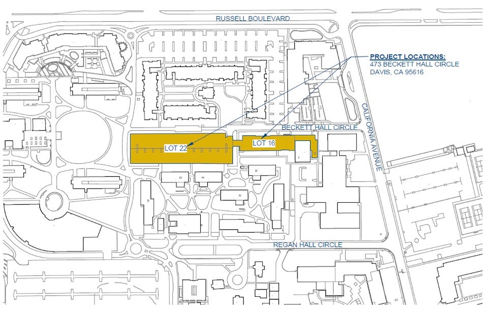 Map showing two parking areas highlighted in yellow that are the site of future student housing at UC Davis