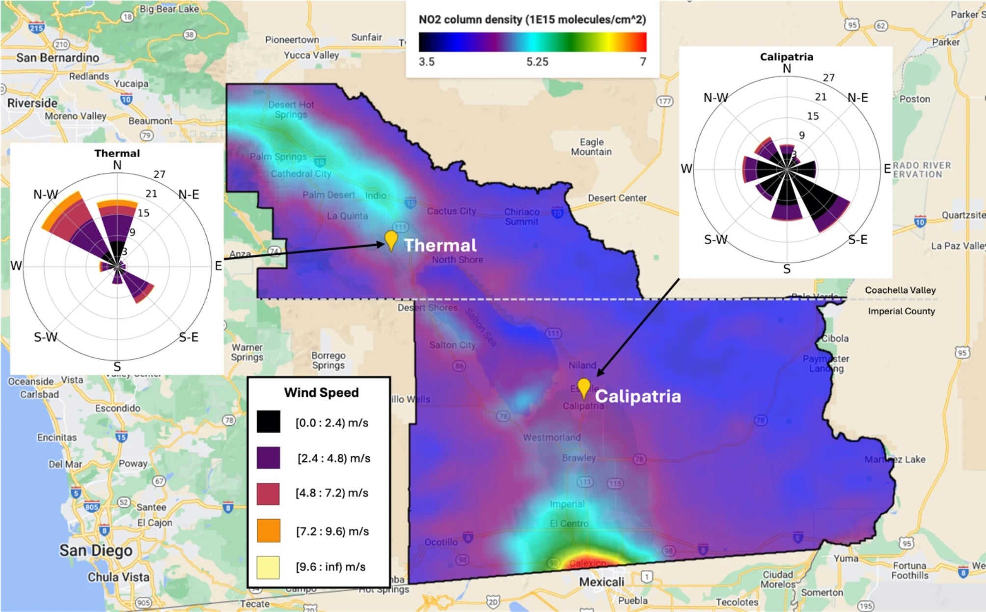 Map of Salton Sea Air Basin of nitrogen oxide variation showing mostly purple with areas of blue, red and yellow.  