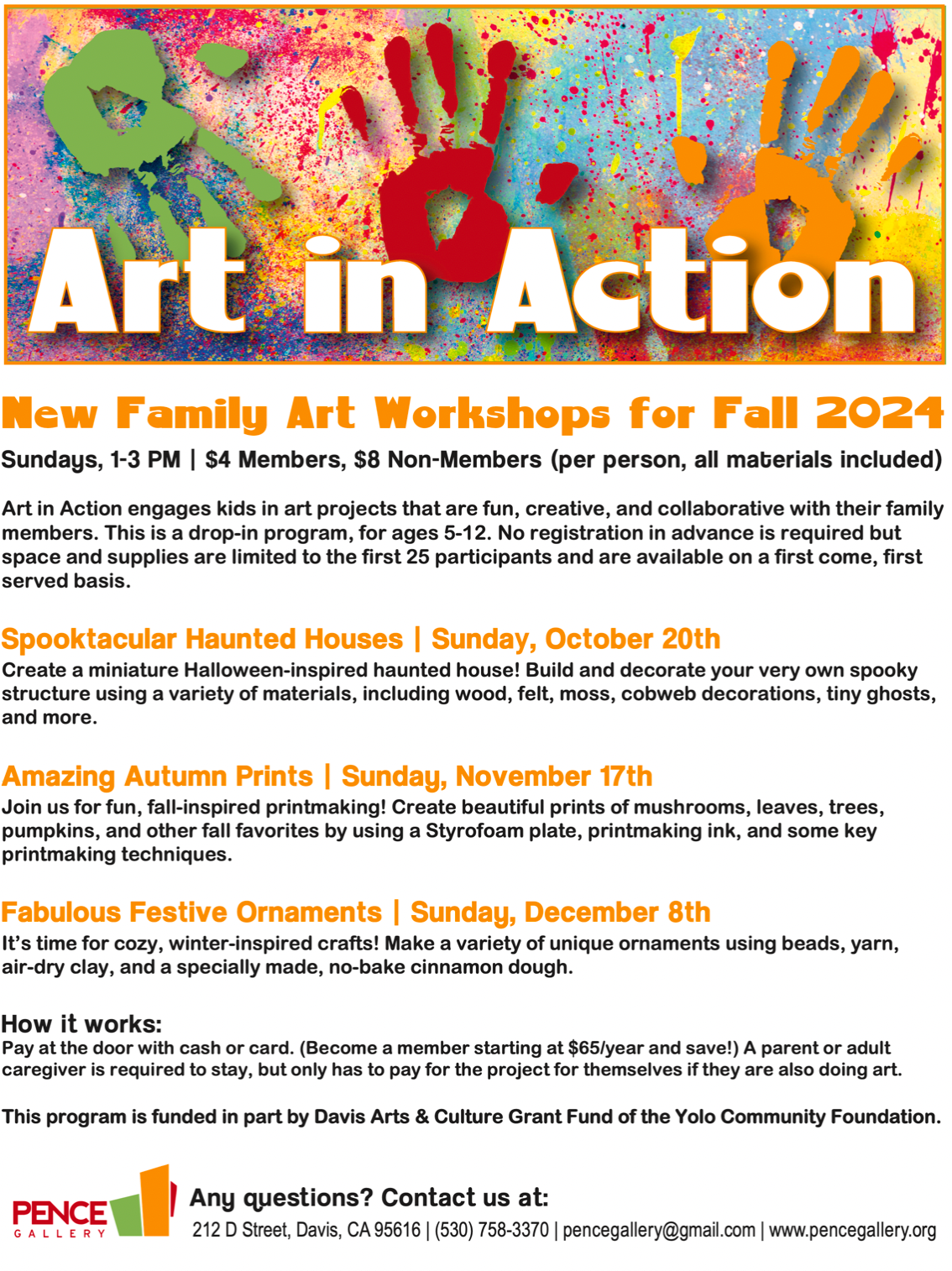 Flyer for Art in Action at the Pence Gallery.