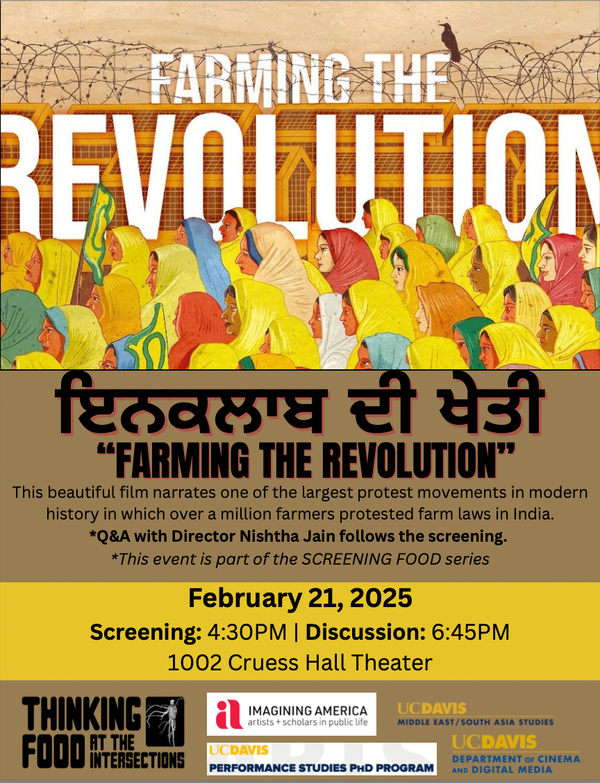 Flyer for Farming the Revolution screening with director Nishtha Jain.