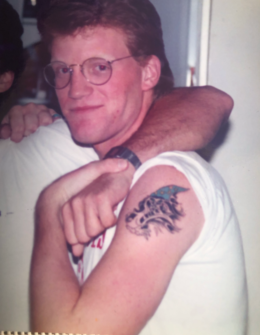 Ian Faloona and his wizard tattoo, 1989