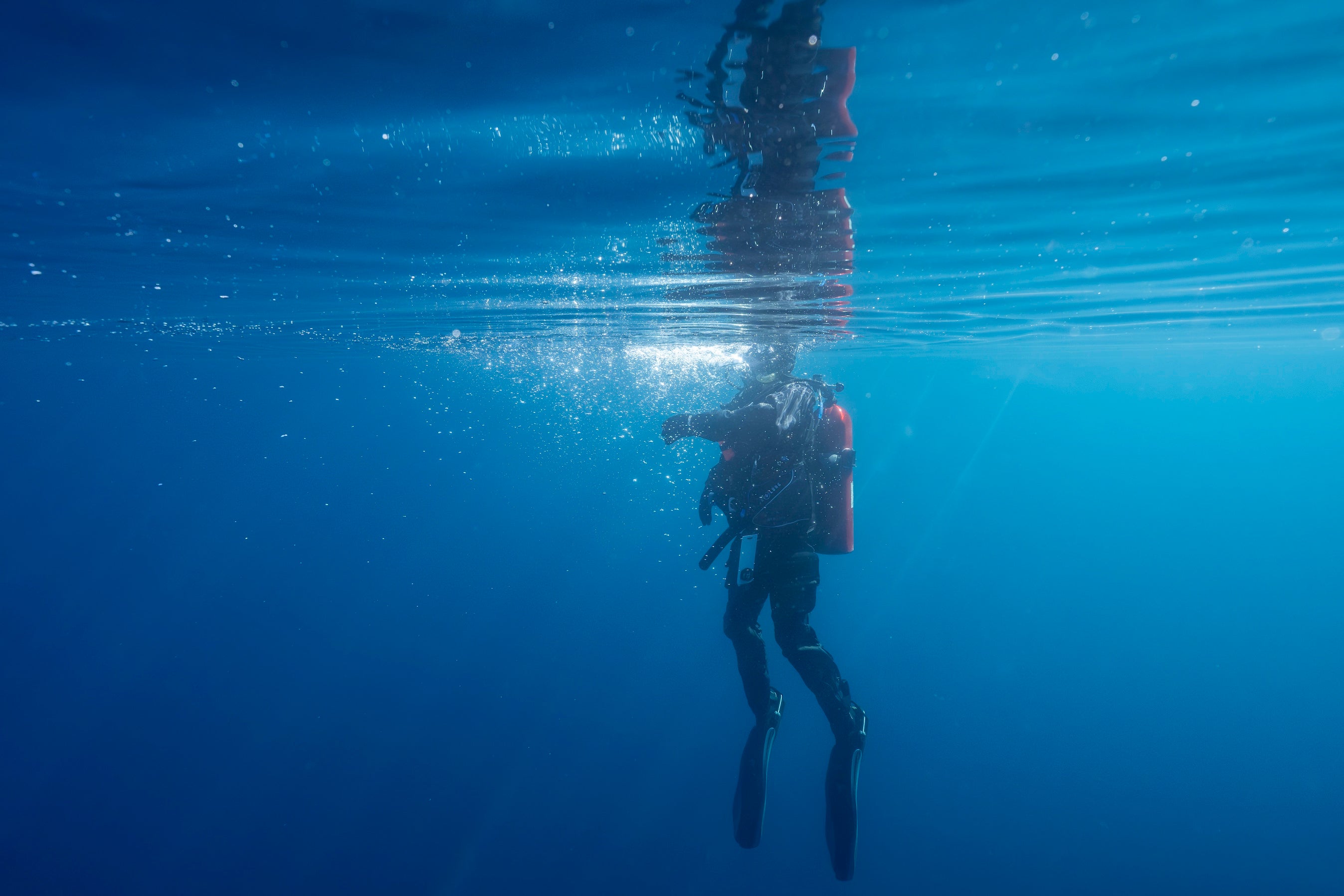 UC Davis scientist diving in wetsuit underwater in blue Lake Tahoe