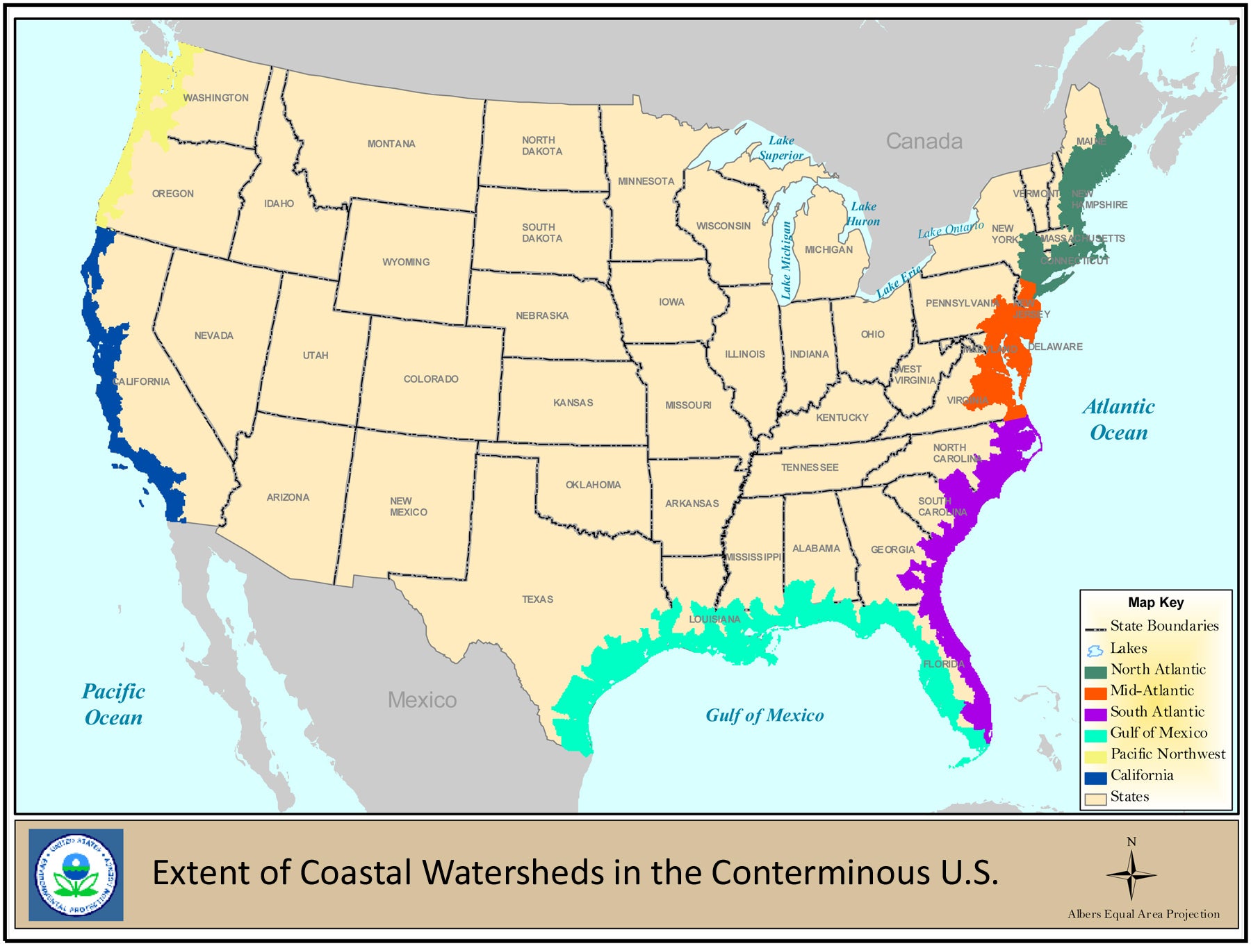 A map showing the coastal wetland areas of the contiguous United States