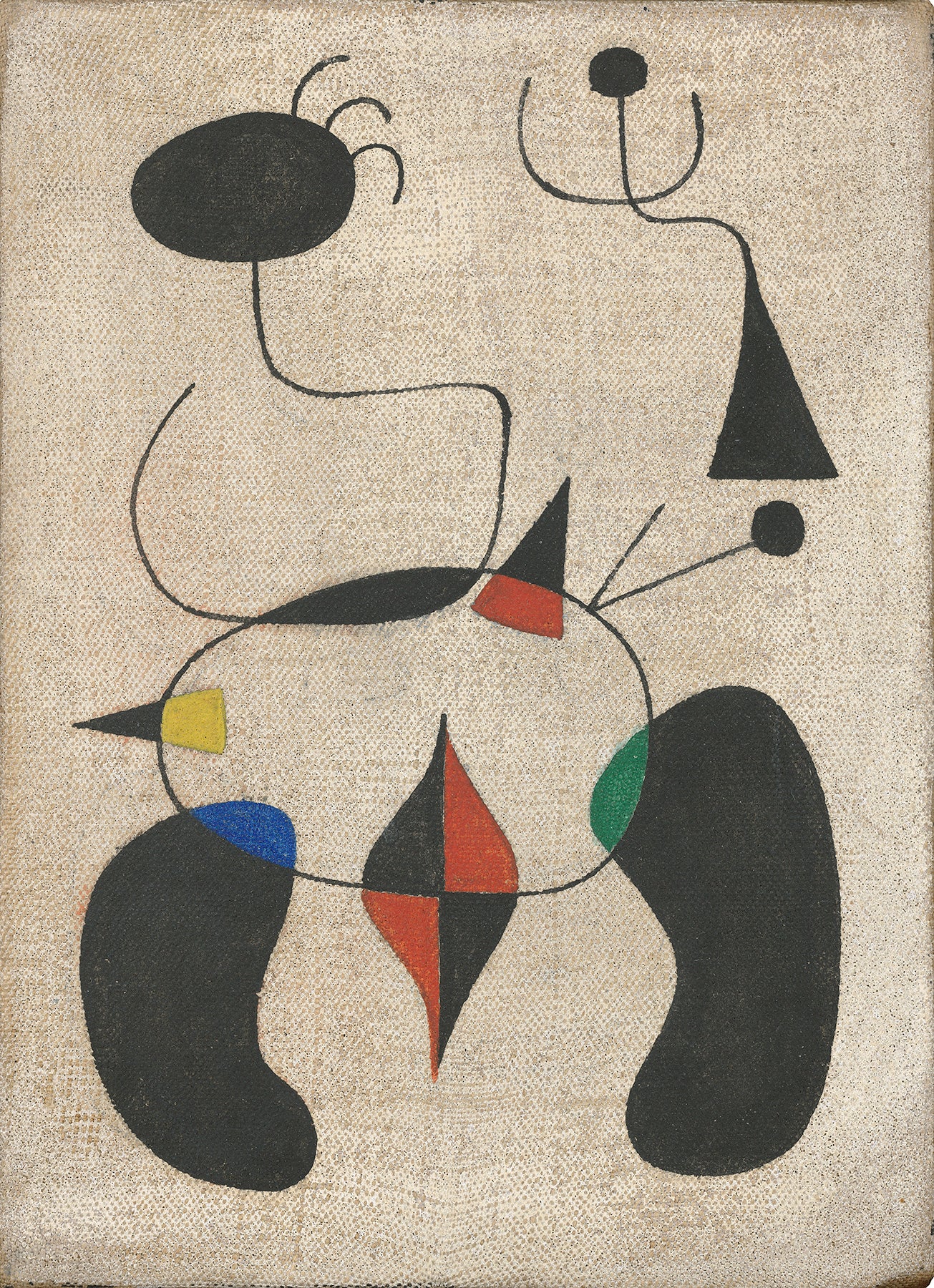 Joan Miró, Femme et oiseau (Woman and Bird), 1944, oil on canvas; 8 3/4 x 6 1/4 in. (22.23 x 15.88 cm). The Fine Arts Collection, Jan Shrem and Maria Manetti Shrem Museum of Art, University of California, Davis. Fractional gift to the Jan Shrem and Maria Manetti Shrem Museum of Art and San Francisco Museum of Modern Art from Jan Shrem and Maria Manetti Shrem. © Successió Miró / Artists Rights Society (ARS), New York /ADAGP, Paris 2024.  (Katherine Du Tiel/ photo)