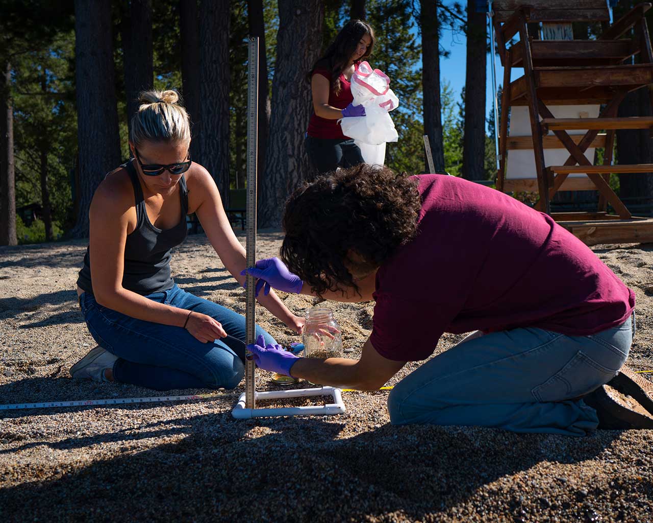 Two people sit on sand with a long aluminum rod with measurement markings on it sticking in the ground between them. One holds the rod while the other uses a spoon to gather sand in a jar. A small white square marks where they are digging, while a measuring tape runs from left to right through the camera's frame.