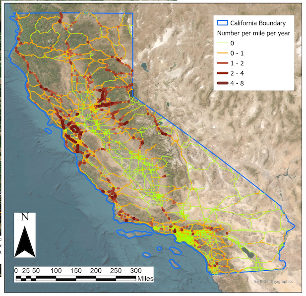 map of California showing annual density of large mammal wildlife-vehicle collisions on state highways