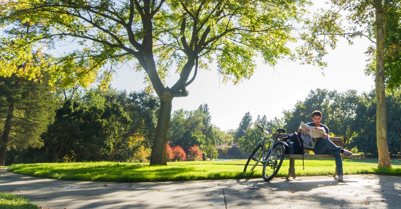一个学生骑自行车在长凳上看书。 