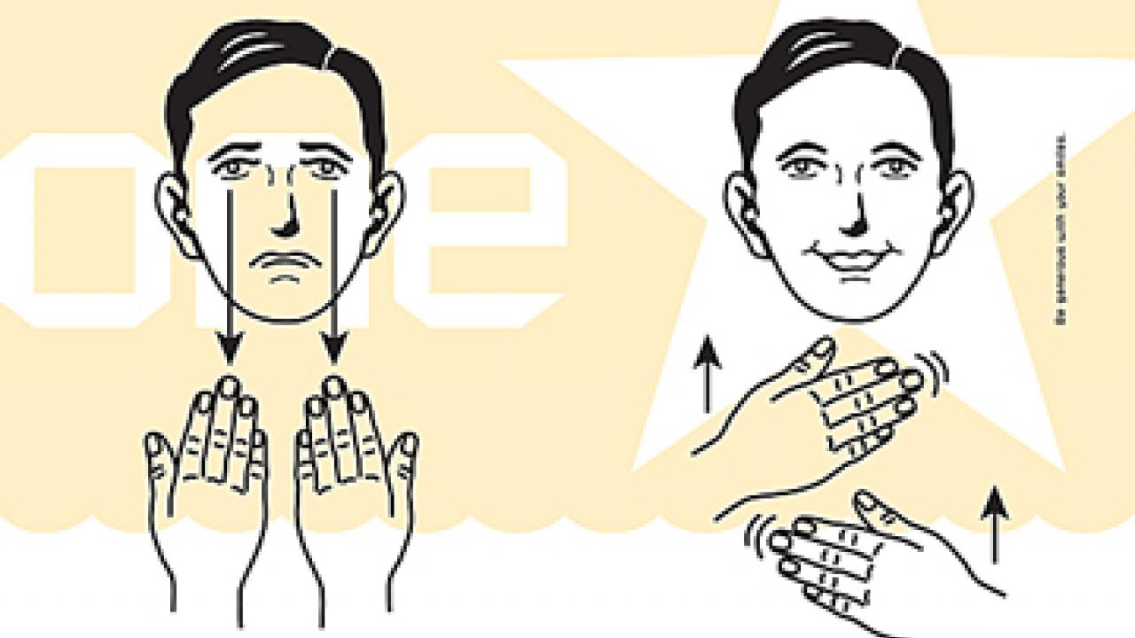 Graphic: face of man not smiling with two hands below next to smiling man in star, with two hands moving from 01_smiles_hires