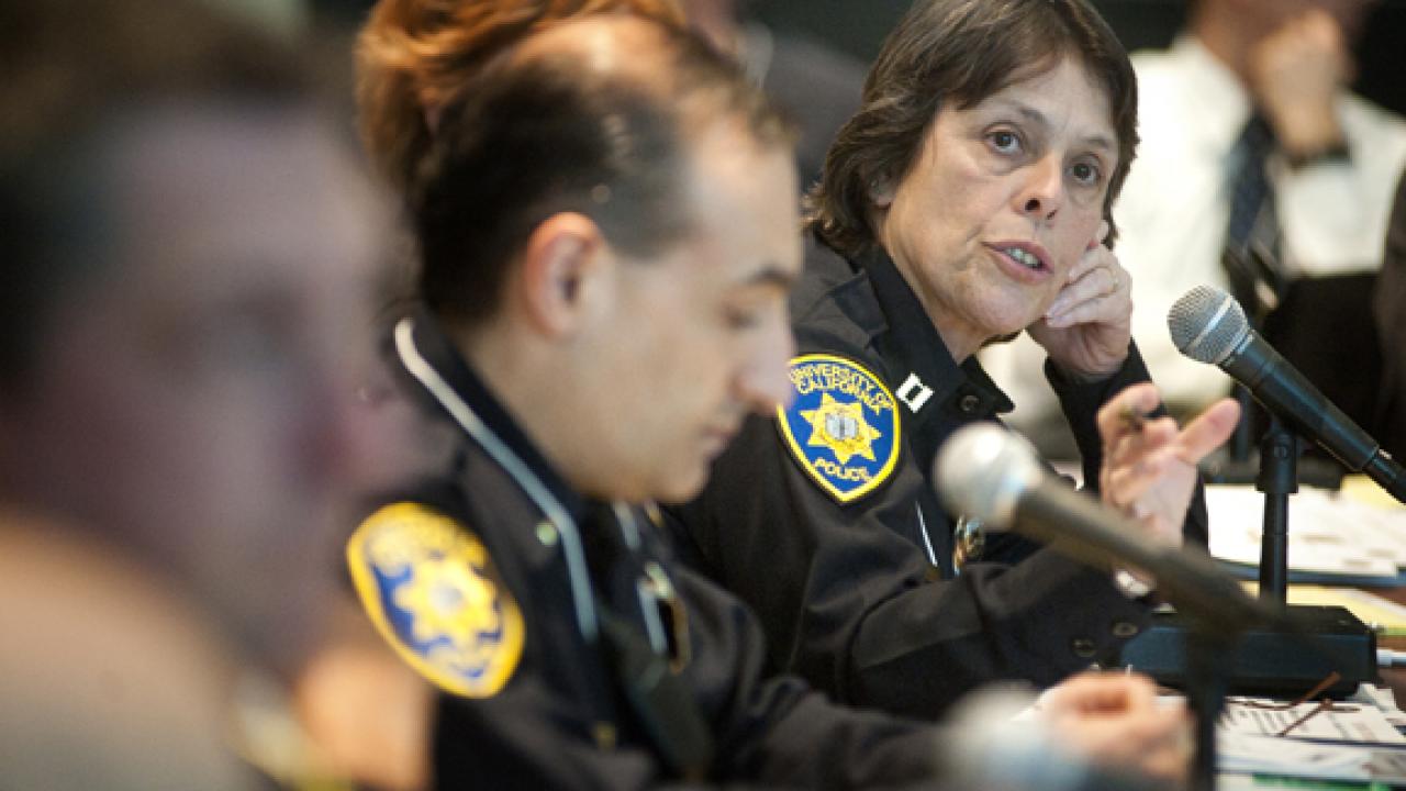 Photo: UC Davis police Capt. Joyce Souza and Lt. Nader Oweis participate in the "Gunrock Thunder" tabletop exercise.