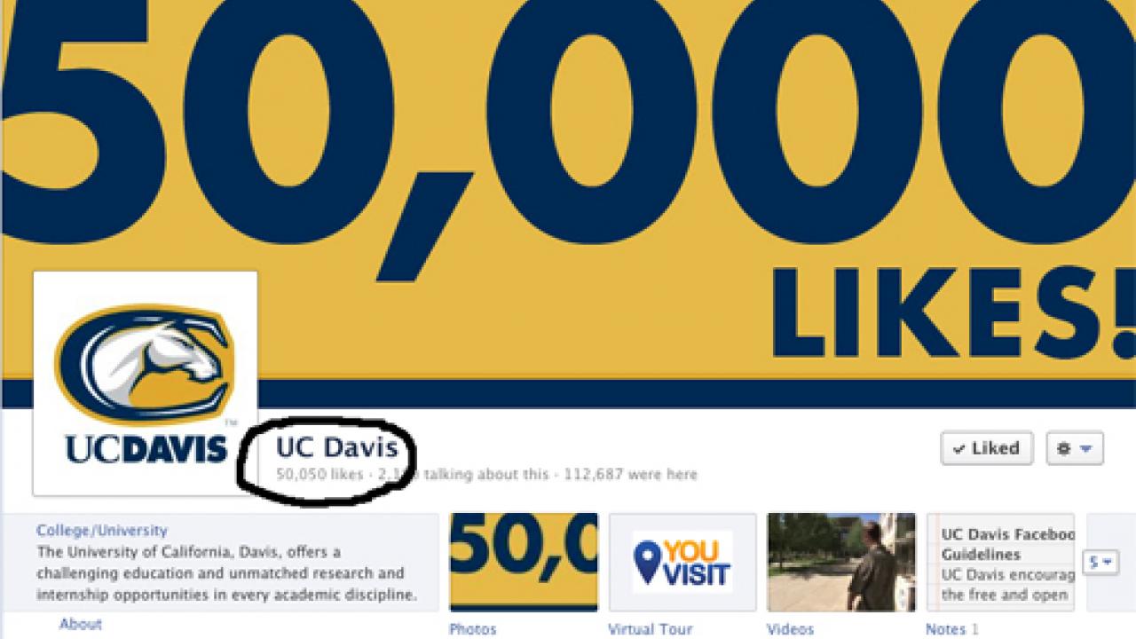 Image: UC Davis Facebook screen capture (50,000 Likes! banner)