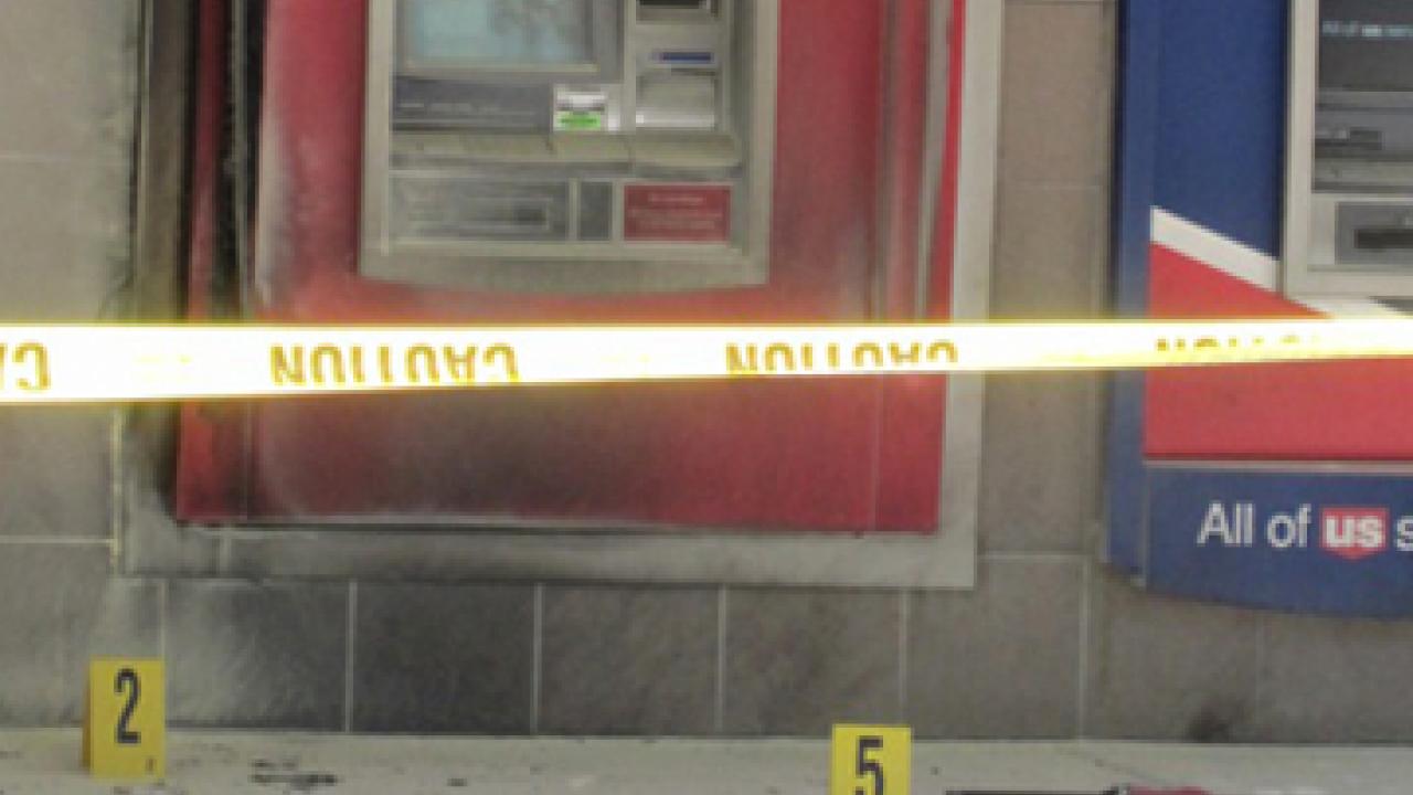 Photos: The Bank of America ATM, showing fire damage; and the bottom half of a broken bottle, about 75 feet away.