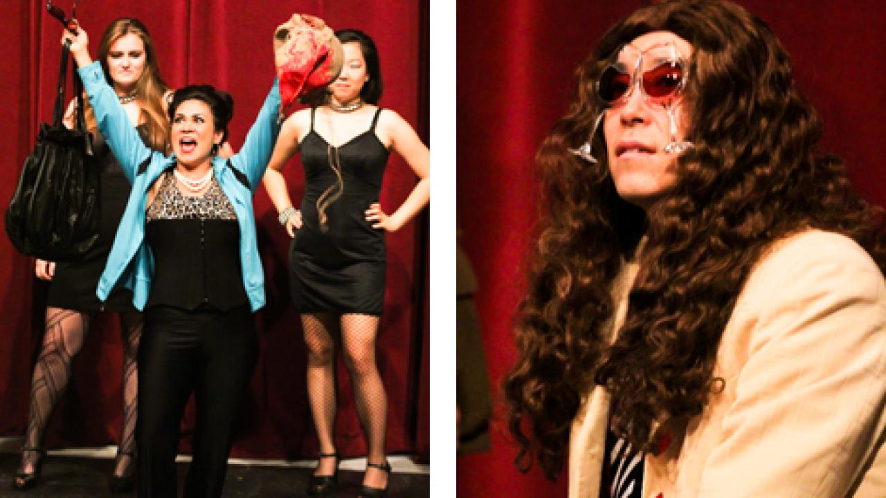 Photos (2): Groupies Erica Dean, Maria Candelaria and Lyn Alessandra; and, also from "The Bacchae," Bobby August Jr. 