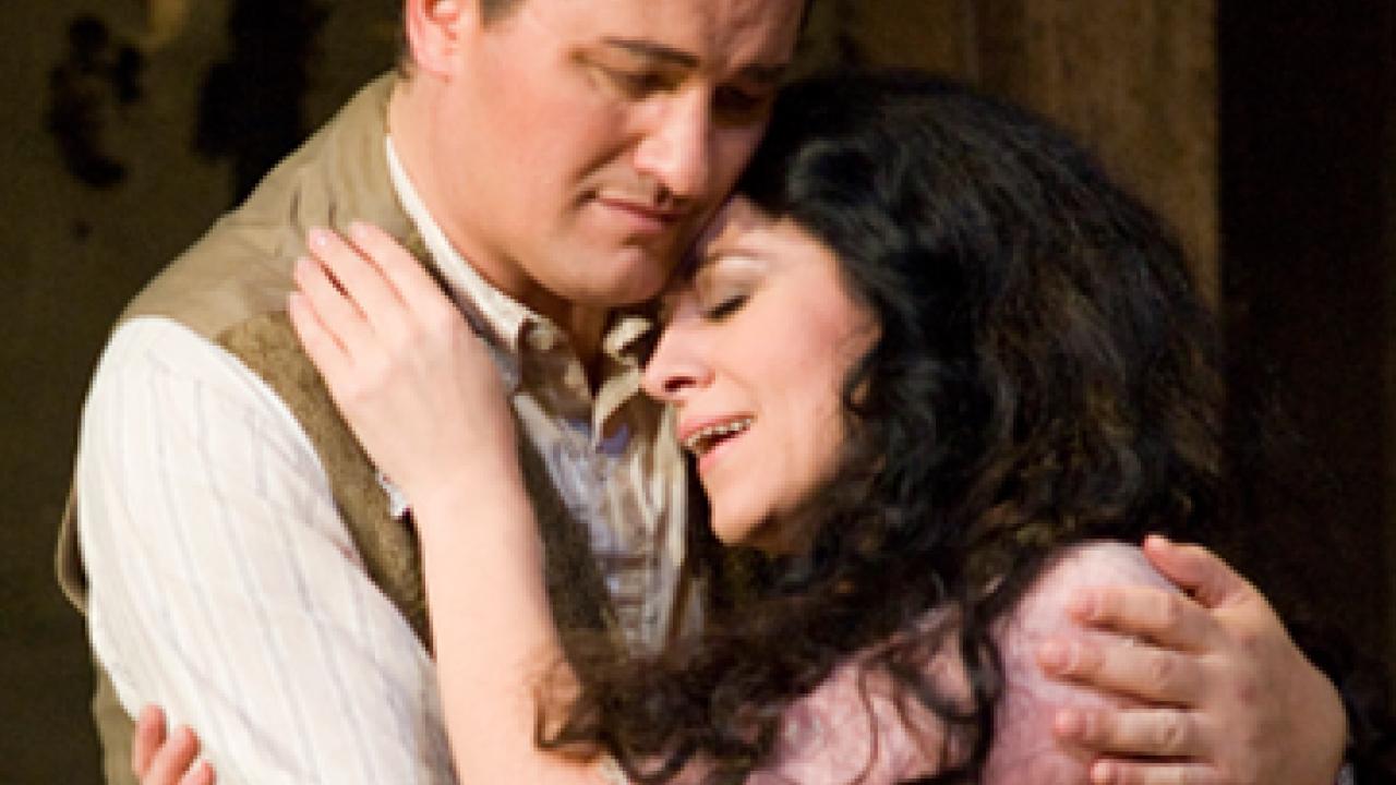 Photo: Rodolfo (Piotr Beczala) and Mimi (Angela Gheorghiu) embrace in the San Francisco Opera's fall 2008 production of Puccini's "La Boheme."