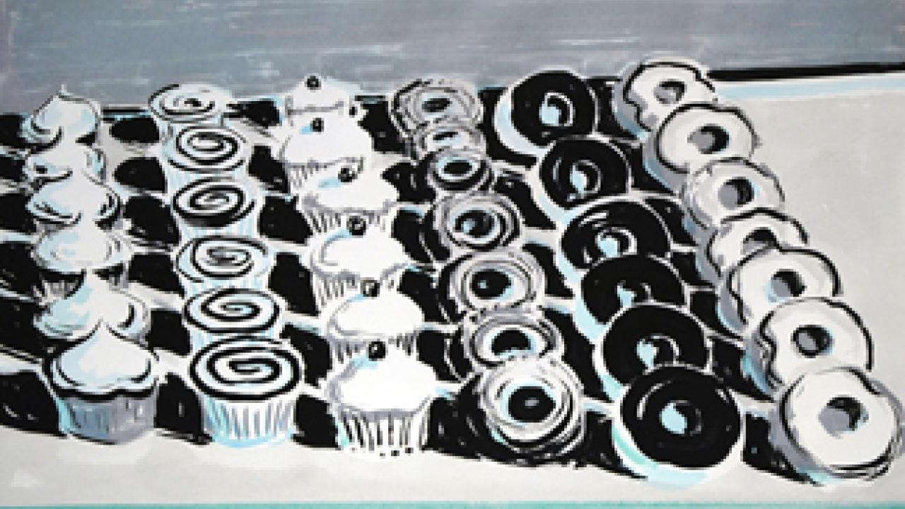 Wayne Thiebaud's Cupcakes & Donuts, handworked aquatint with watercolor (2007-08), gift of Wayne and Betty Jean Thiebaud