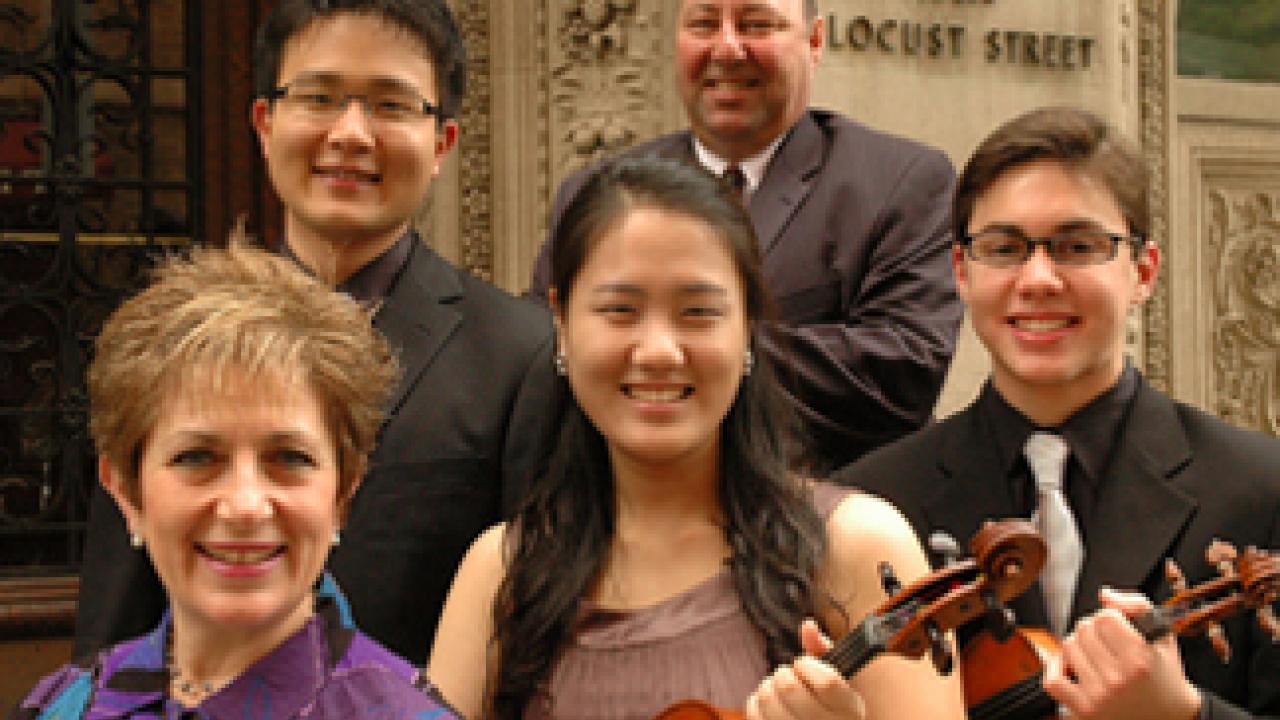 Curtis on Tour performers: faculty members Ida Kavafian (violin) and Peter Wiley (cello), and students Yekwon Sunwoo (piano), Hyo Bi Sim (viola) and B