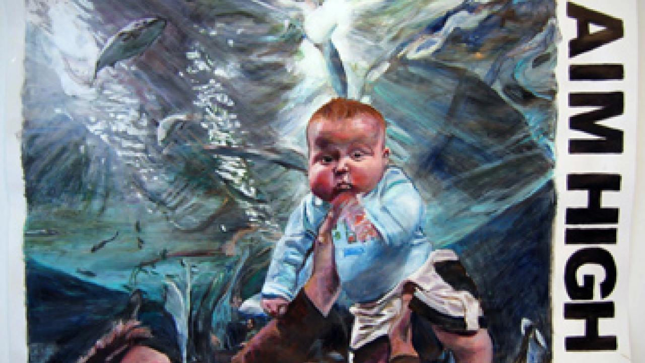 Post, acrylic on paper, approximately 22 inches by 30 inches, titled Rob Miller and His Son Emmit at the San Francisco Aquarium, by Jan Garrison