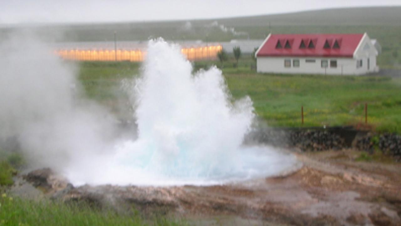 UC Davis geologists are studying the underground chemistry that creates geysers like this one on an Icelandic farm.