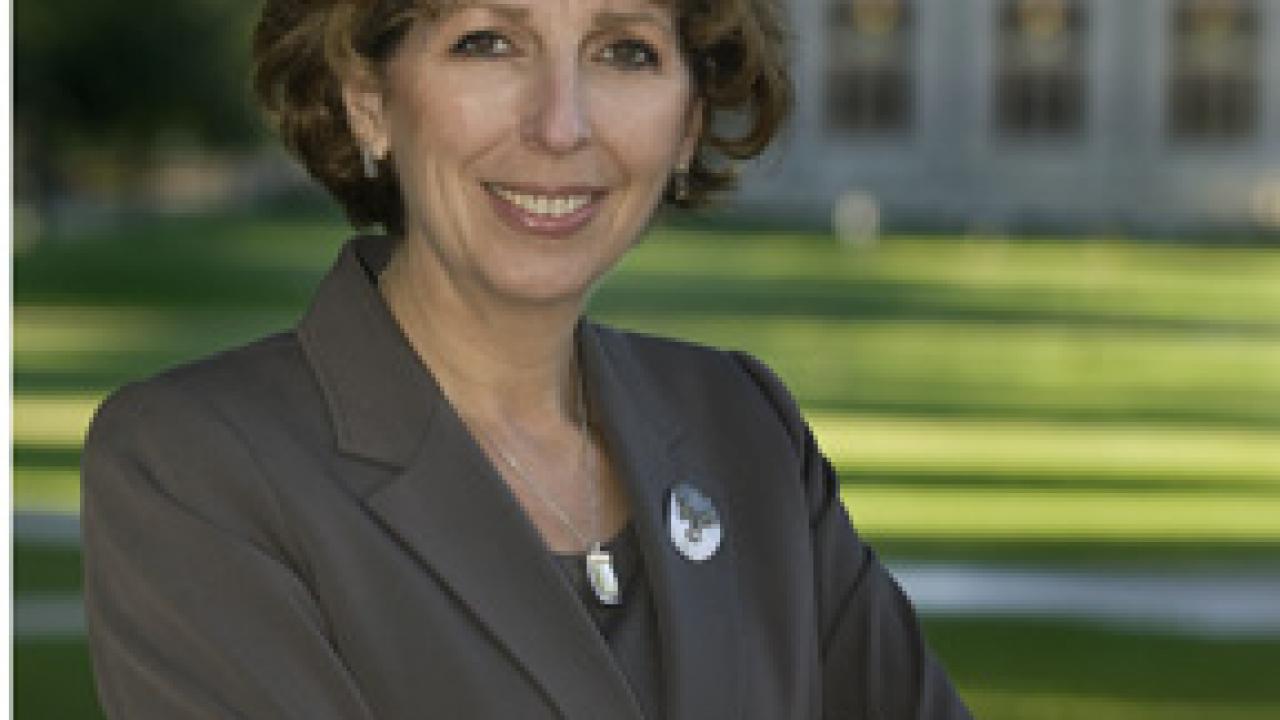 Linda Katehi is pictured in front of Foellinger Auditorium on the Quad at the University of Illinois, Urbana-Champaign.
