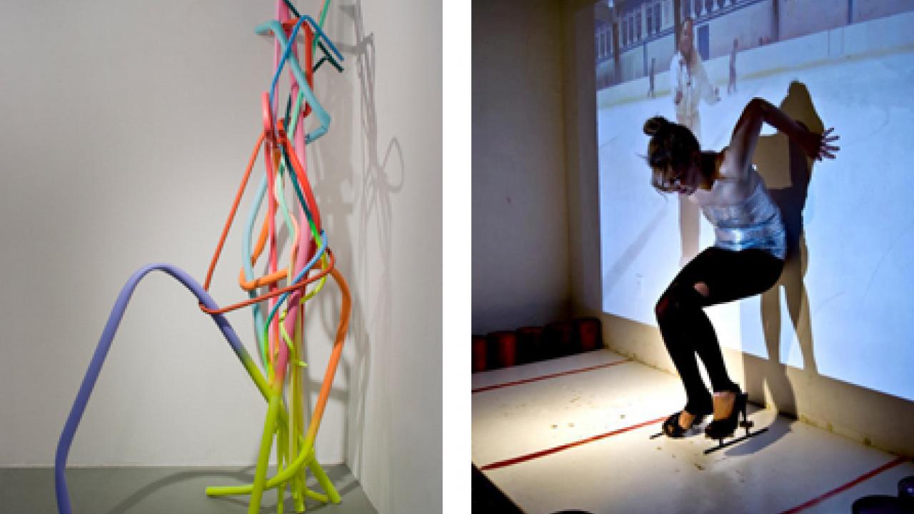 Photos (2): Kyle Dunn's "Pipes" sculpture and Dani Galietti's performance art, "How to Do a Forward Crossover"