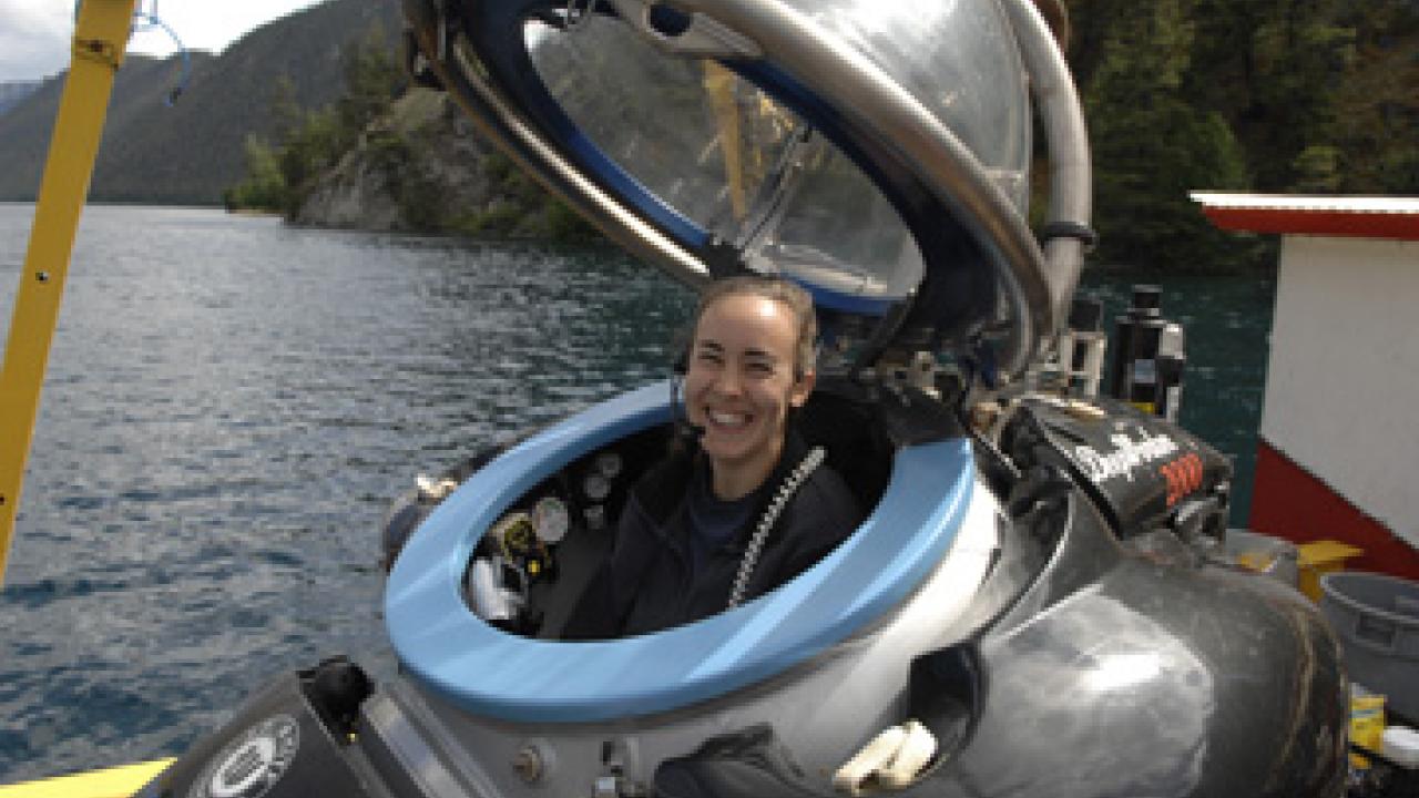 UC Davis graduate student Bekah Shepard piloted a Deepworker minisubmersible for research in Pavilion Lake, British Columbia, in June 2008.