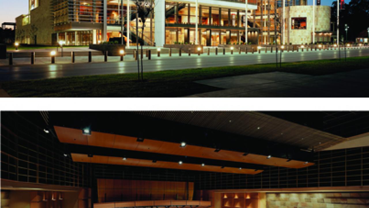 Photos (2): Mondavi Center exterior (night) and interior (Jackson Hall)