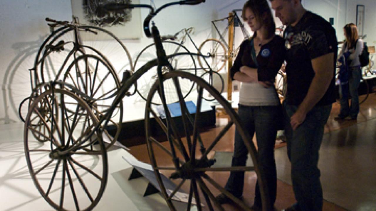 Emily Blake, a UC Davis alumna who lives in Davis, and Drew Tombleson of Woodland visit the California Bicycle Museum on Oct. 12.