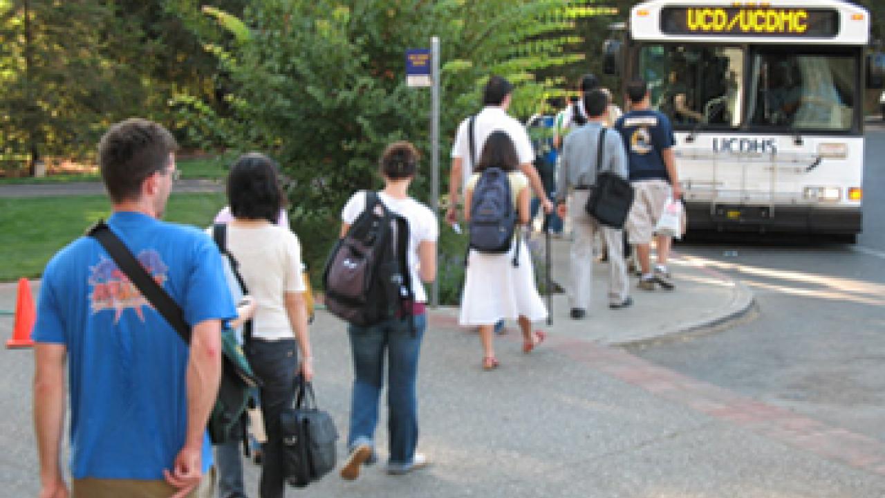 Line of people board the 8:10 a.m. run from UC Davis' Mrak Hall to the UC Davis Medical Center in Sacramento.