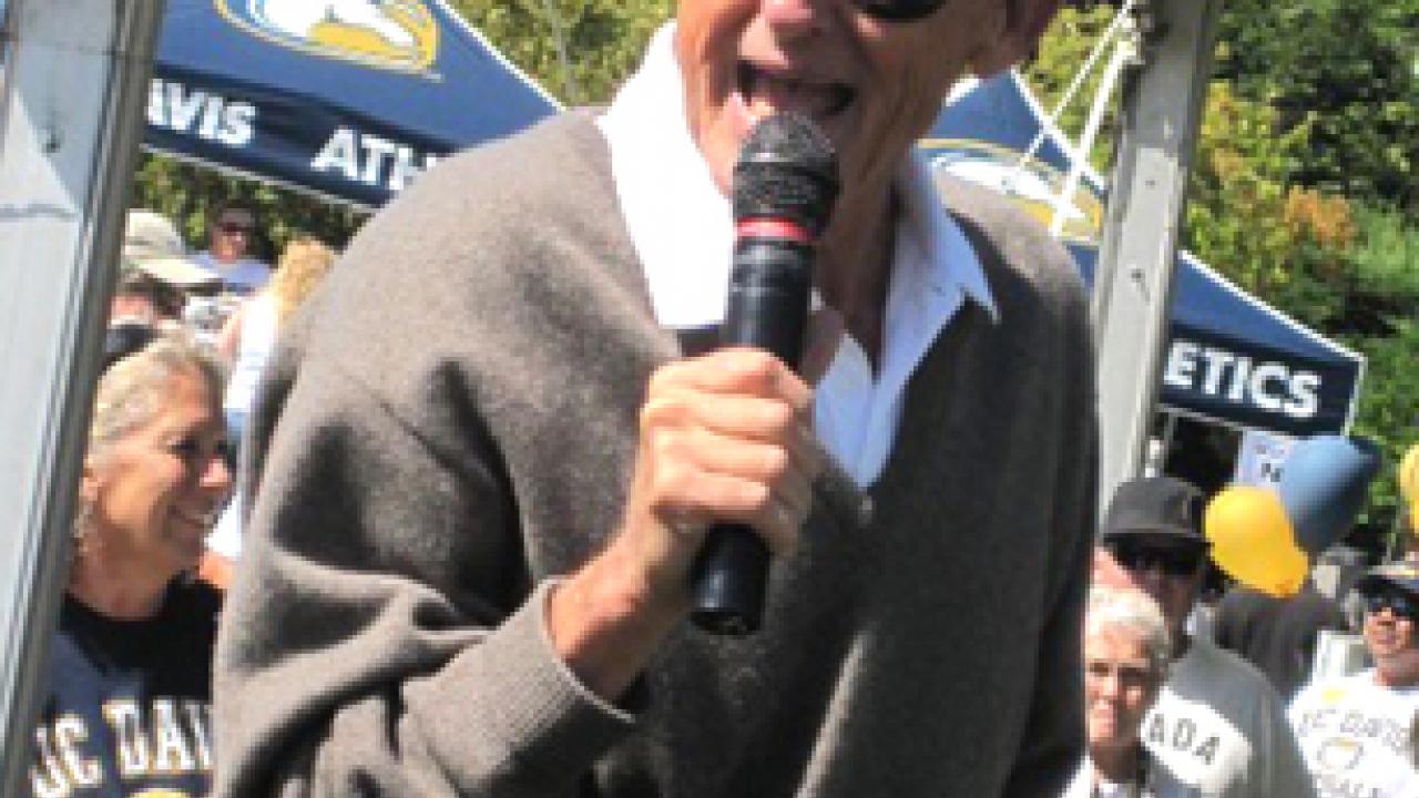 Photo: Retired football coach Jim Sochor addresses Aggie fans during the pregame celebration at UC Berkeley on Sept. 4.