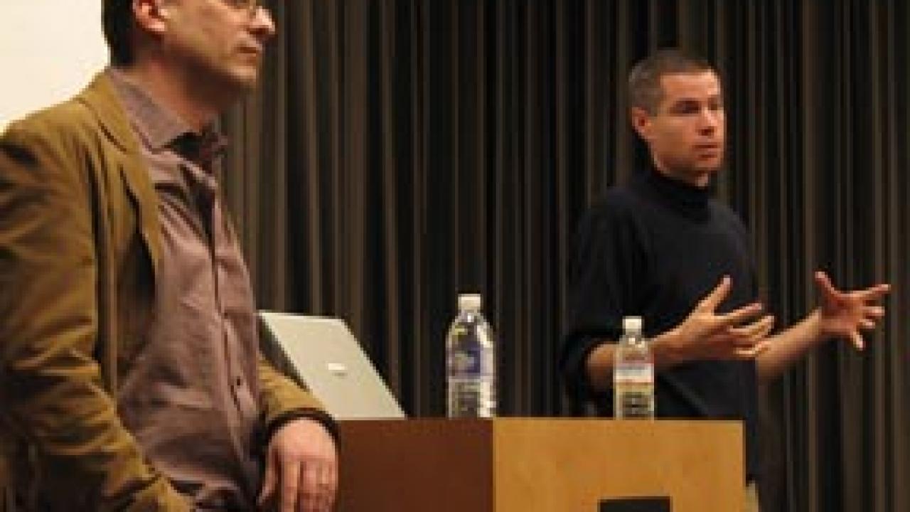 Ted Nordhaus, left, and Michael Shellenberger spoke about green politics on Feb. 27.