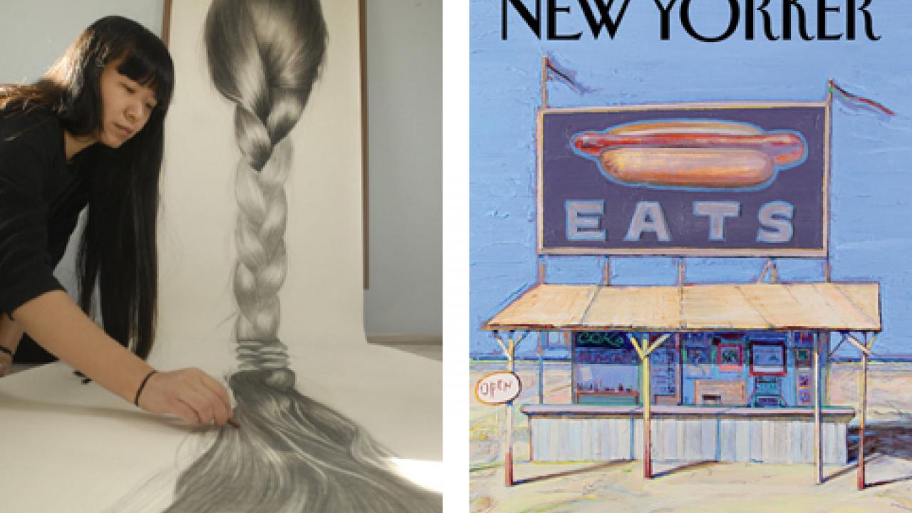 Photo and image: Alumna Hong Chun Zhang works on a drawing; and Wayne Thiebaud's painting "Hot-Dog Stand," on The New Yorker magazine cover, Dec. 3, 2