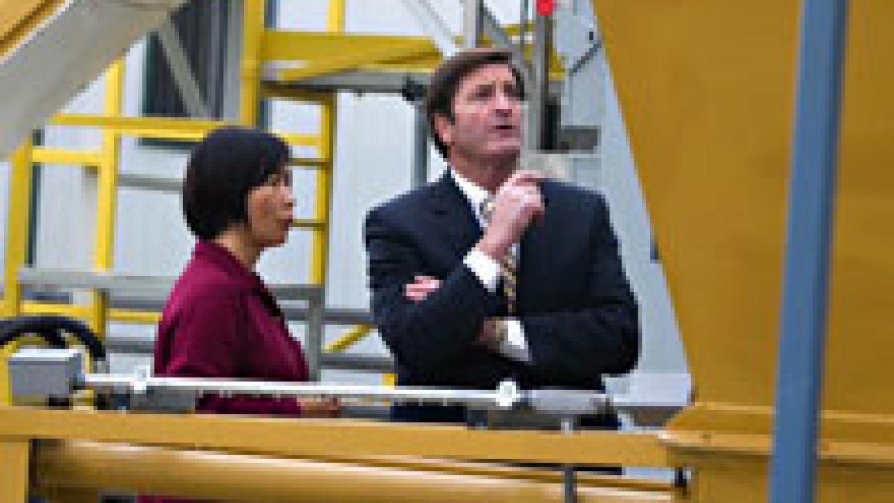 Lt. Gov. John Garamendi, right, talks with Ruihong Zhang, a professor of biological and agricultural engineering, about her Biogas Energy Project on Sept. 19. Garamendi, a UC Board of Regents member, was on campus for the regents meeting last we