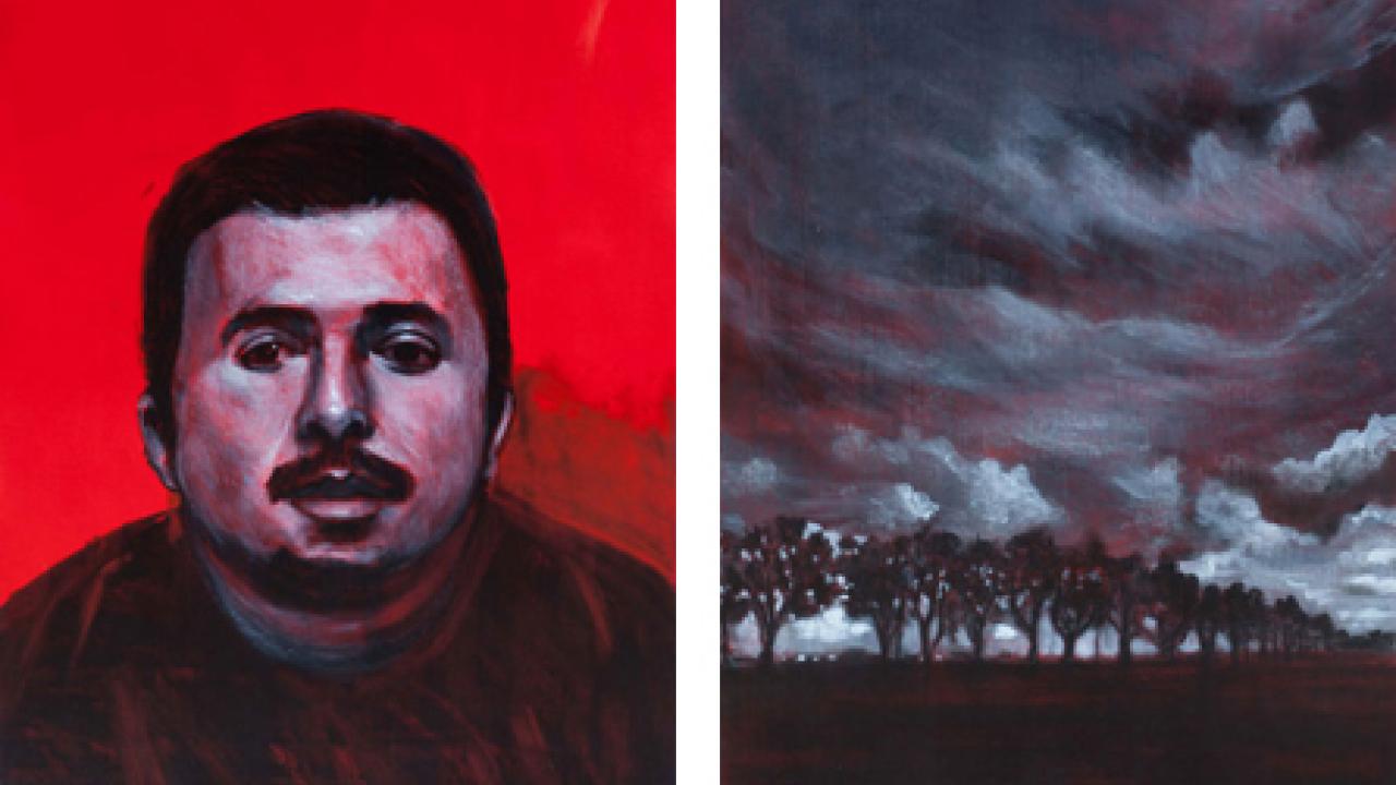 Images: Maceo Montoya paintings "Cielo Rojo I" and "Cielo Rojo II," charcoal and acrylic on paper.