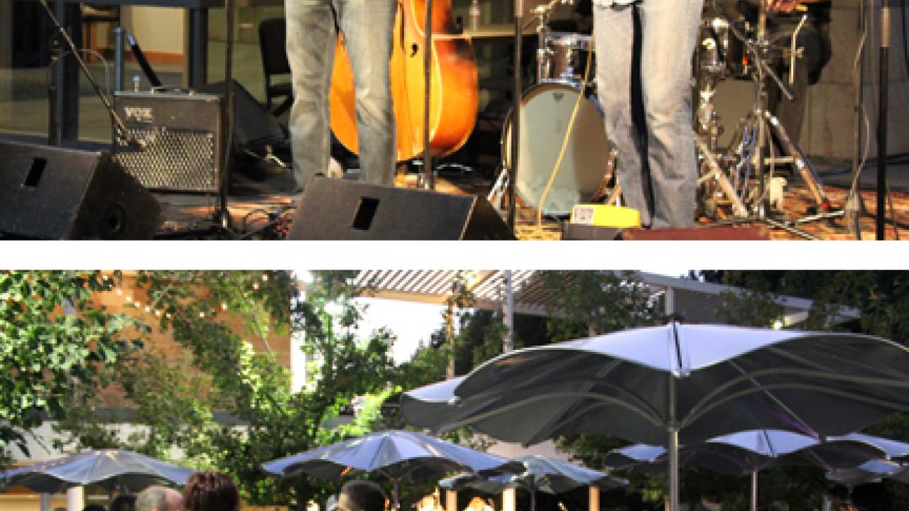 Photos (2): West Nile Ramblers perform in the first concert in the Corin Courtyard; and a crowd shot from that event.