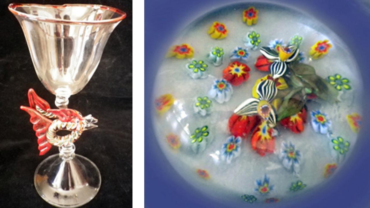 Photos (2): Sea Serpent Goblet and Glass Encasement Paperweight, both by Brian Marcowicz, former flameworking instructor at the Craft Center