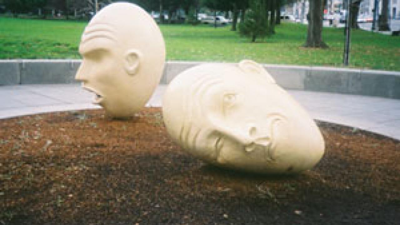The reproductions of <i>Yin and Yang</i> have been placed near the Justin Herman Plaza fountain in San Francisco. 