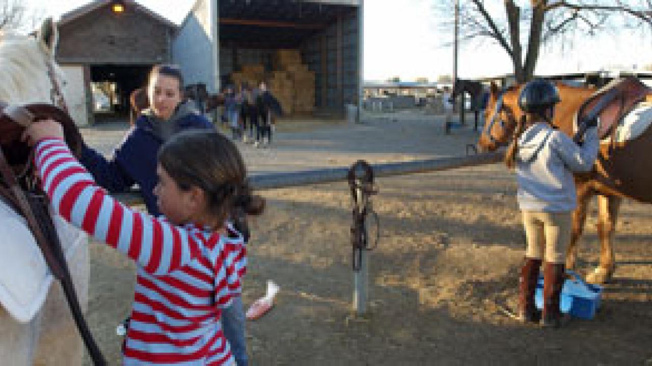 The Equestrian Center is slated to move from its 27-acres south of the Veterinary Medical Teaching Hospital to a site twice that size near Russell Ranch. Here, UC Davis student Mara Veneman, who works at the center, looks on as local youths &mdash; 