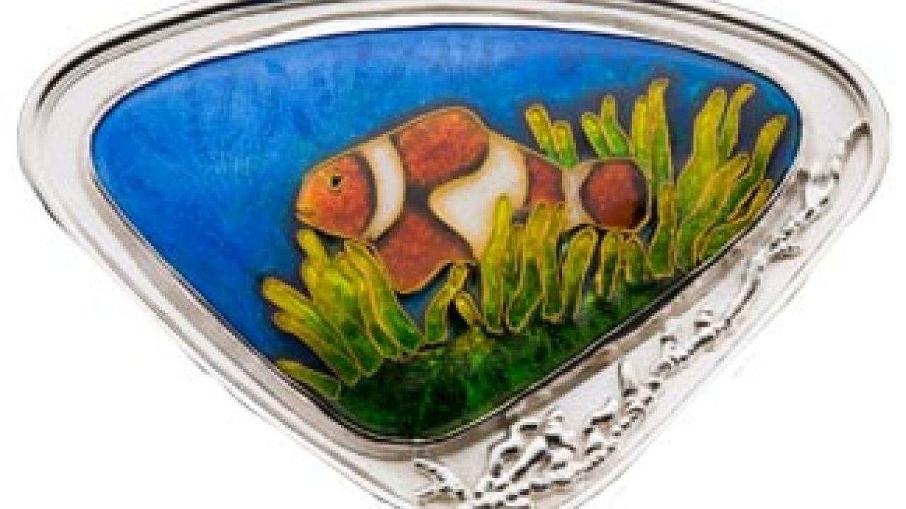 Clownfish pin (approximately 2 inches by 1.5 inches), crafted by Olga Barmina, a staff research associate in the Department of Evolution and Ecology.